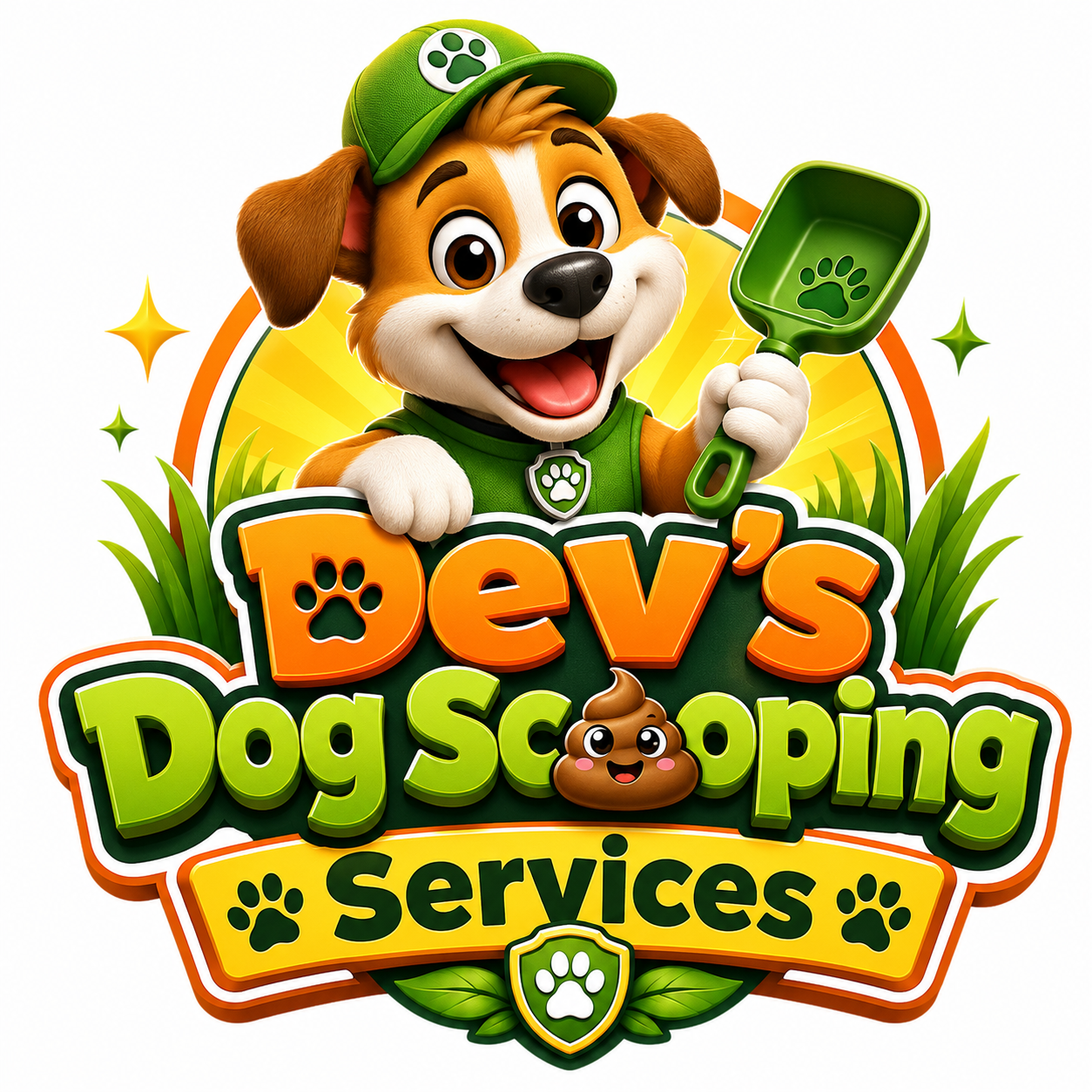 Dev's Dog Scooping Services logo — a cartoon dog in a green cap holding a scoop