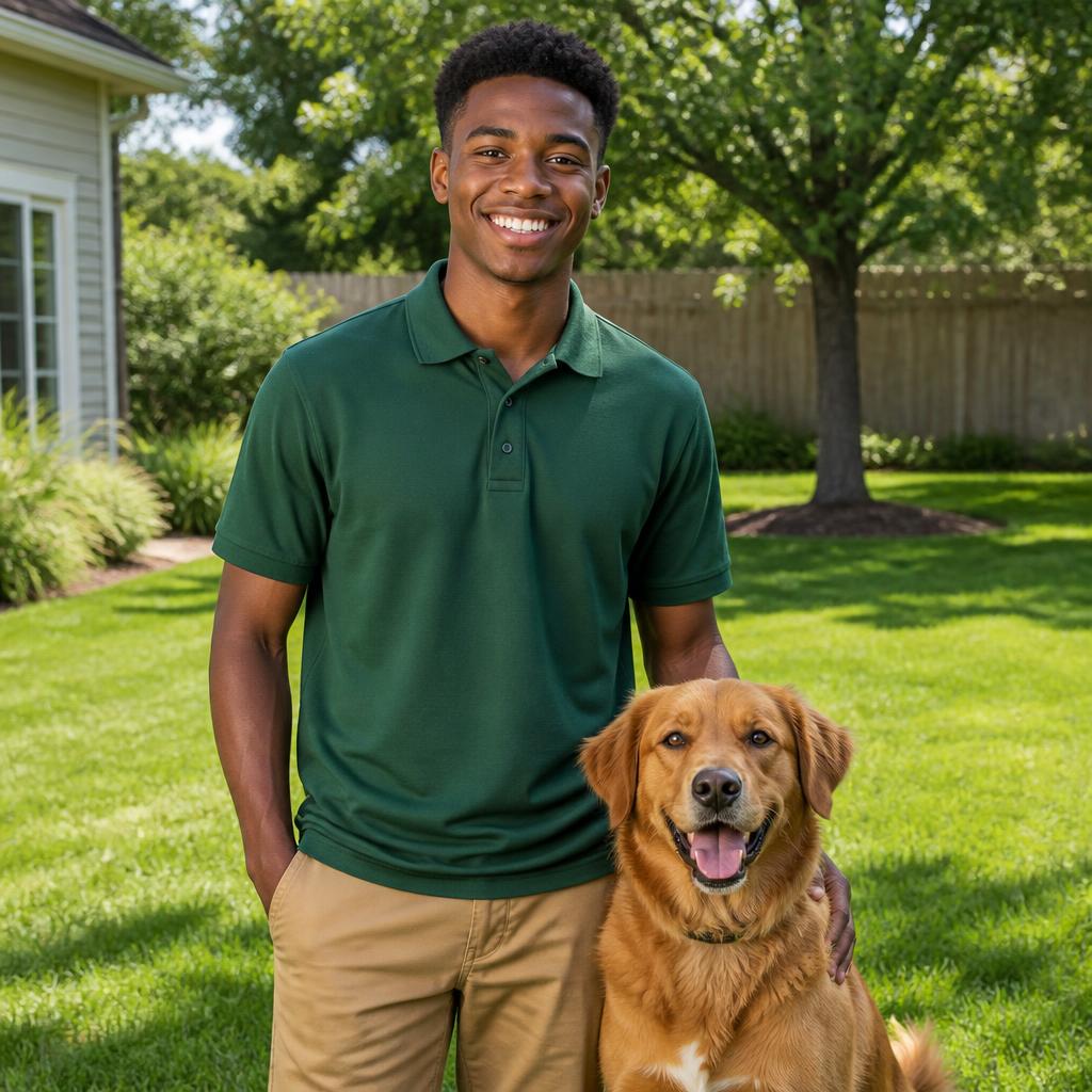 A friendly local dog scooping service owner standing outdoors with a happy dog
